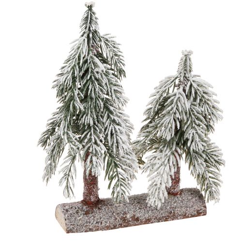 Décoration de sapin de Noël vert blanc hiver sur socle en bois H28cm