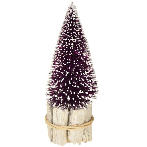 Floristik24 Sapin de Noël décoratif violet avec pointe de neige sur socle en bois rustique 15cm 3 pièces.