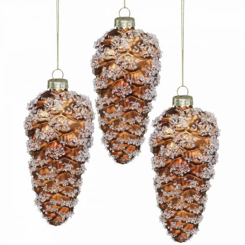 Floristik24 Pommes de pin avec neige, Décorations de Noël, Décorations d&#39;arbre de Noël Marron H13cm Ø6cm Verre véritable 3pcs