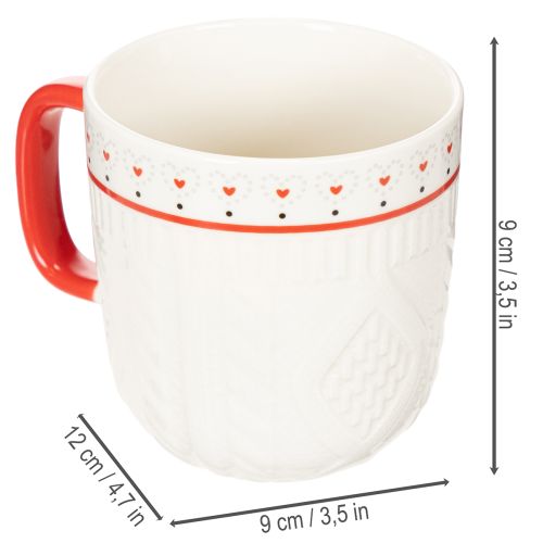 Mug à café avec anse rouge, motif tricoté et décoration en forme de cœur, en céramique, 9 cm, lot de 2 | Floristik24.be