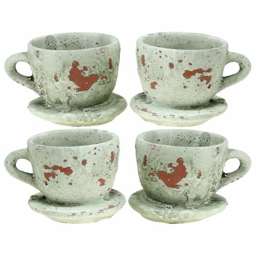 Floristik24 Cache-pot tasse avec soucoupe vintage gris, argile naturelle Ø8cm H6.5cm 4 pièces