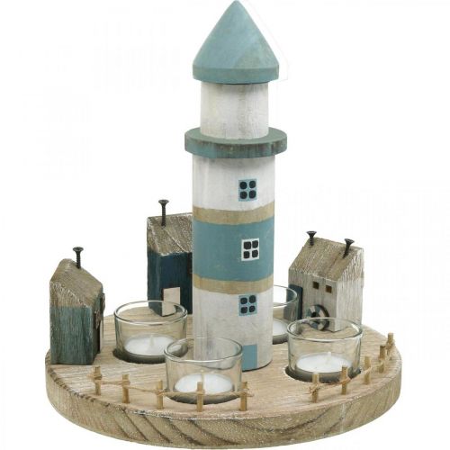 Floristik24 Photophore phare bleu, blanc 4 bougies chauffe-plat Ø25cm H28cm