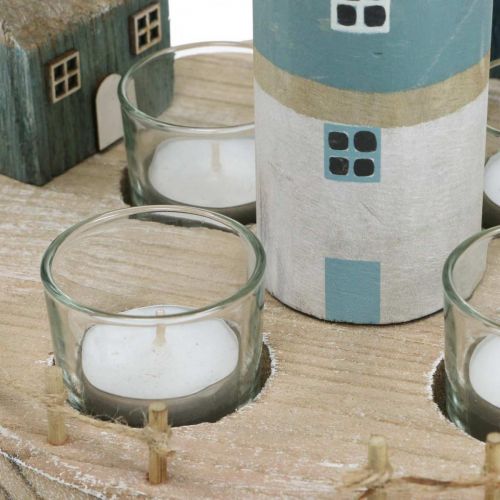 Floristik24 Photophore phare bleu, blanc 4 bougies chauffe-plat Ø25cm H28cm