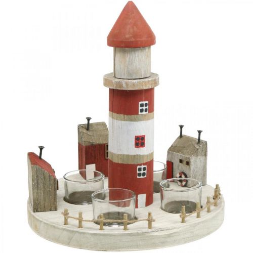 Photophore phare rouge, blanc 4 bougies chauffe-plat Ø25cm H28m