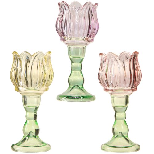 Floristik24 Photophore en verre fleur photophore verre 3 couleurs Ø7cm H16cm 3pcs