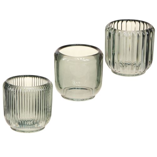 Article Photophore en verre décor rainures grises 8cm 6 pcs