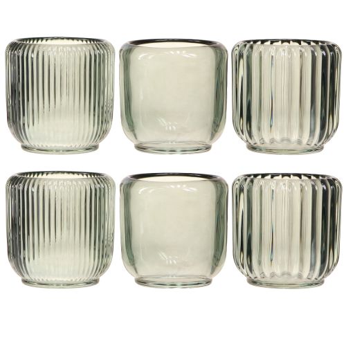 Article Photophore en verre décor rainures grises 8cm 6 pcs