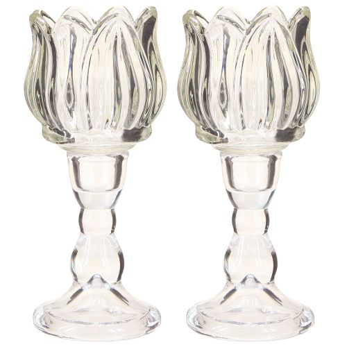 Article Photophore tulipe en verre avec base transparente Ø7cm H16cm 2pcs