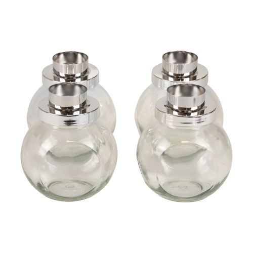 Photophore bougeoir verre métal argenté Ø10,5cm 4pcs