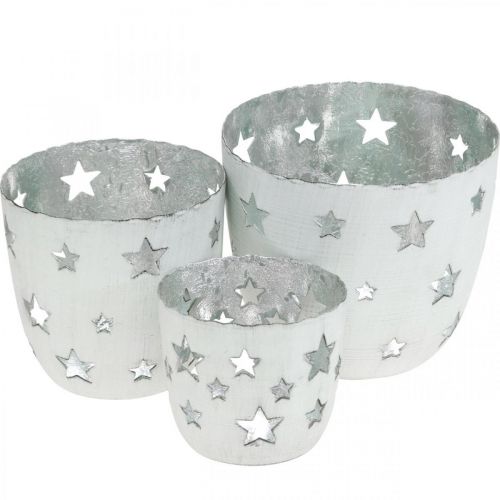 Floristik24 Photophore décoration de Noël blanc avec étoiles métal Ø12 / 10 / 8cm lot de 3