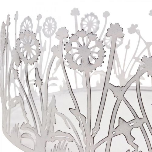 Article Plateau déco avec pissenlits, décoration métal pour printemps blanc, argenté shabby chic Ø25cm H10.5cm