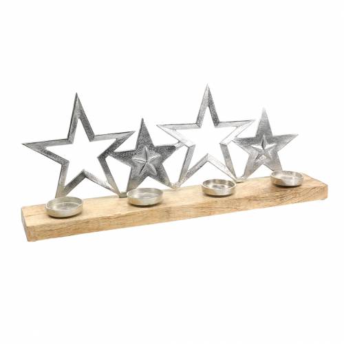 Floristik24 Bougeoir silhouette étoile sur socle en bois argent, métal naturel, bois de manguier 35cm × 14cm