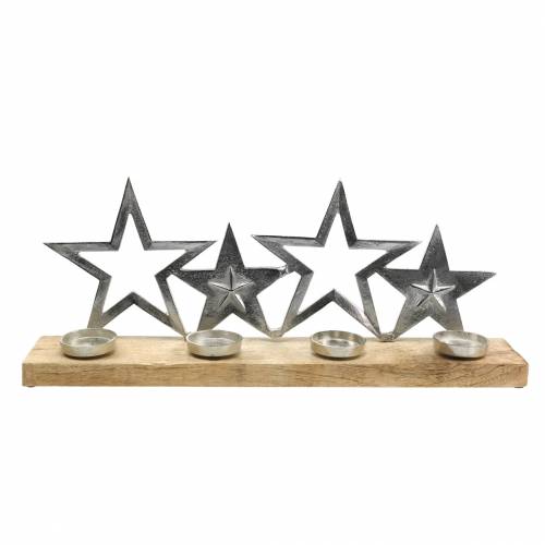 Floristik24 Bougeoir silhouette étoile sur socle en bois argent, métal naturel, bois de manguier 35cm × 14cm