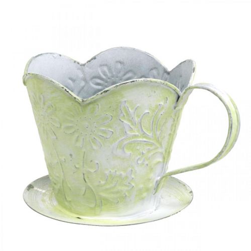 Article Jardinière, porte filtre à café décoratif, coupelle en métal à planter, décoration florale vert, blanc shabby chic H11cm Ø11cm