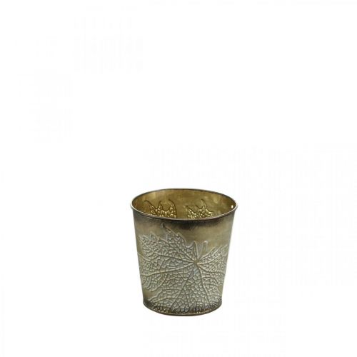 Jardinière pour l&#39;automne, pot en métal à décor de feuilles, jardinière dorée Ø10cm H10cm
