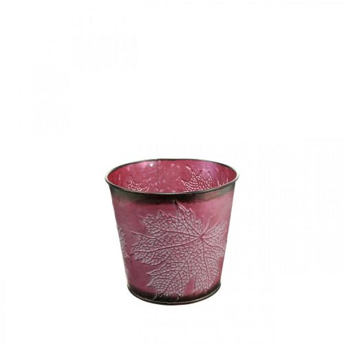 Floristik24 Pot décoratif à planter, seau en étain, décoration en métal avec motif de feuilles rouge vin Ø14cm H12,5cm