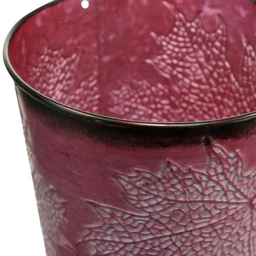 Pot décoratif pour plantation, seau en métal, décoration en métal avec motif feuille rouge vin Ø14cm H12.5cm