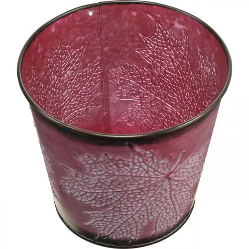 Article Pot décoratif à planter, seau en étain, décoration en métal avec motif de feuilles rouge vin Ø14cm H12,5cm