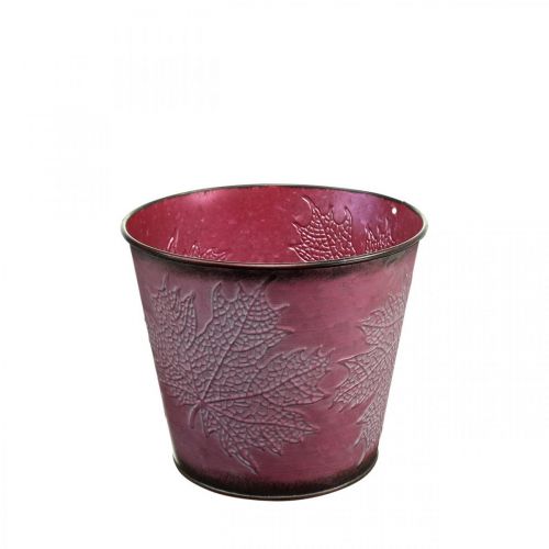 Article Cache-pot à décor de feuilles, décoration d&#39;automne, jardinière en métal rouge vin Ø16,5 cm H14,5 cm