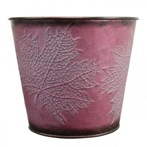 Article Cache-pot à décor de feuilles, décoration d&#39;automne, jardinière en métal rouge vin Ø16,5 cm H14,5 cm