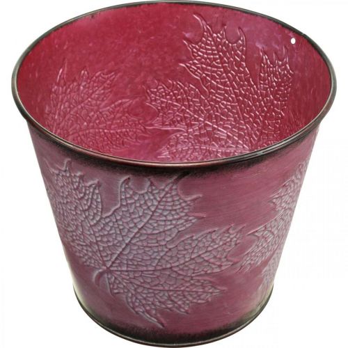 Article Cache-pot à décor de feuilles, décoration d&#39;automne, jardinière en métal rouge vin Ø16,5 cm H14,5 cm