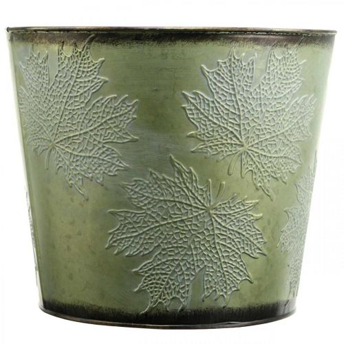 Article Jardinière, pot en métal avec feuilles d'érable, décoration automne vert Ø25.5cm H22cm