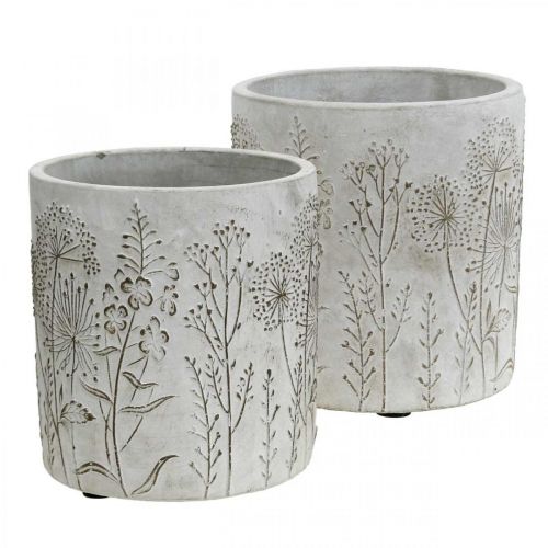 Floristik24 Vase vase à fleurs blanc en béton avec fleurs en relief Ø12,5cm 2pcs