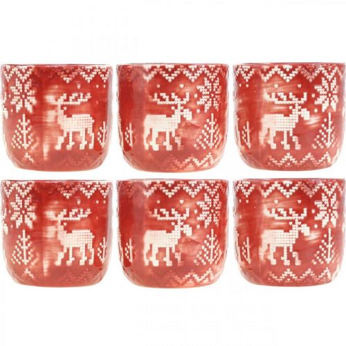 Floristik24 Décoration en céramique avec renne, décoration de l'Avent, jardinière avec motif norvégien rouge / blanc Ø7.5cm H7cm 6pcs