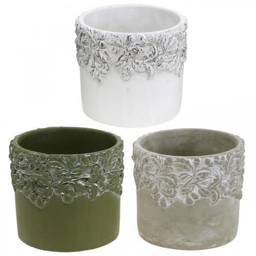Floristik24 Vase en céramique, cache-pot avec décor chêne, cache-pot vert/blanc/gris Ø13cm H11.5cm lot de 3
