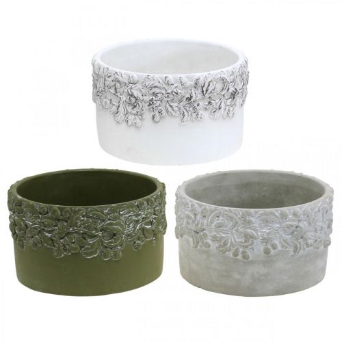 Floristik24 Jardinières avec glands et feuilles, jardinière en céramique verte, blanche, grise Ø17cm H9.5cm lot de 3