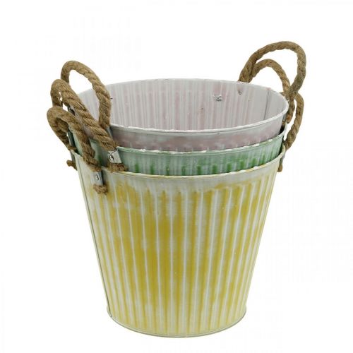 Floristik24 Pot décoratif, seau en métal à planter, jardinière avec anses, rose/vert/jaune shabby chic Ø14,5cm H13cm lot de 3