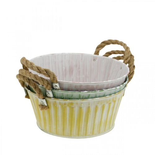 Floristik24 Coupe en métal, coupe à fleurs, cache-pot avec anses rose/vert/jaune shabby chic Ø22cm H9.5cm lot de 3