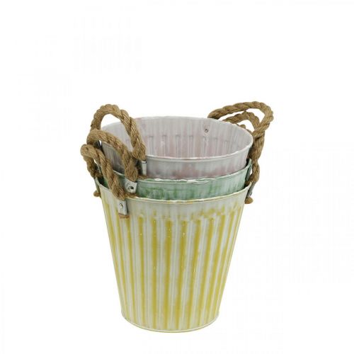 Floristik24 Seau à plantes, pot en métal avec anses, jardinière décorative à planter rose/vert/jaune shabby chic Ø12cm H10cm lot de 3