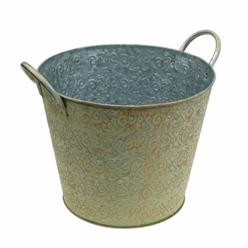 Seau vert avec anses Ø26cm cache-pot aspect vintage métal rouille