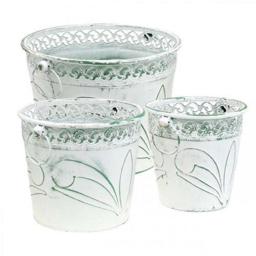 Floristik24 Pot en étain avec gaufrage, jardinière avec poignées blanc, vert shabby chic H22/19,5/17,5cm Ø25,5/20,5/15,5cm lot de 3