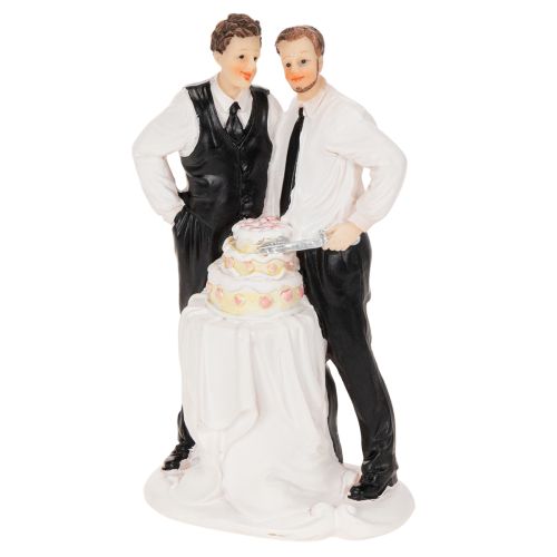 Figurine pour gâteau représentant un couple d'hommes avec un gâteau, 16,5 cm