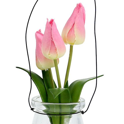 Article Tulipe rose dans le verre H22,5cm 1P