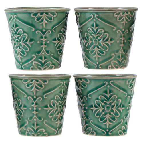 Jardinière céramique vernis craquelé vert Ø7cm H8cm 4 pcs