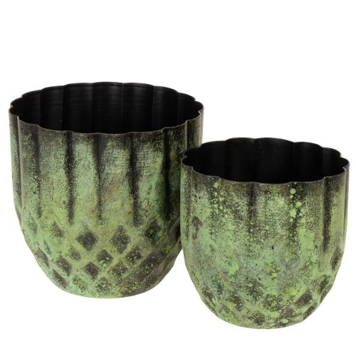 Floristik24 Pot de fleurs vintage en métal, vert, Ø 14/12 cm, lot de 2