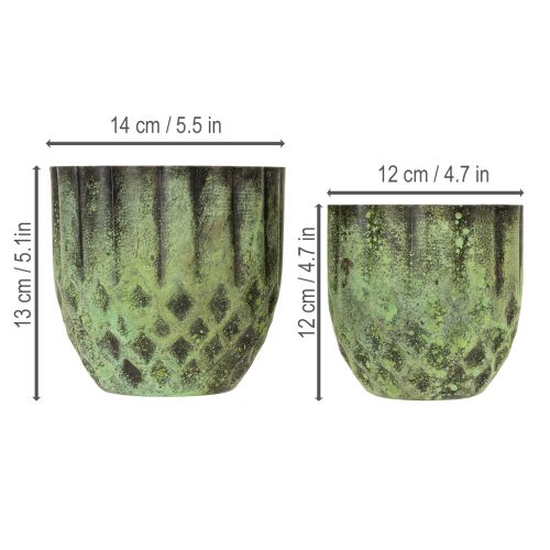 Article Pot de fleurs vintage en métal, vert, Ø 14/12 cm, lot de 2