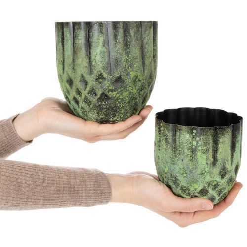Article Pot de fleurs vintage en métal, vert, Ø 14/12 cm, lot de 2