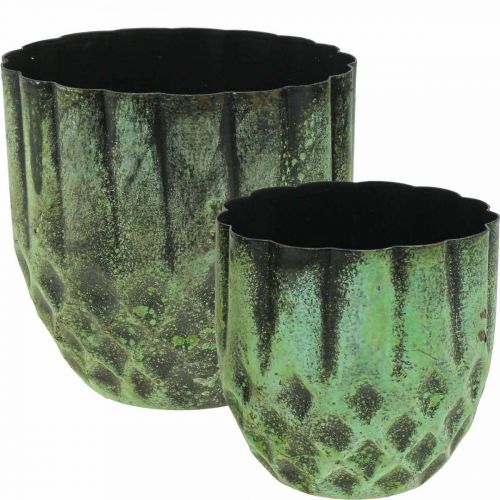 Jardinière métal pot de fleurs vintage vert Ø14/12cm lot de 2