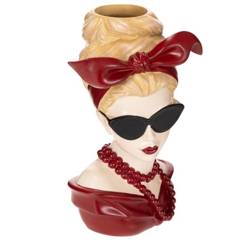 Vase en forme de tête de femme portant des lunettes de soleil et un collier de perles, 30 cm