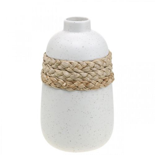 Vase fleuri céramique blanche et jonc de mer décoration estivale H17,5cm