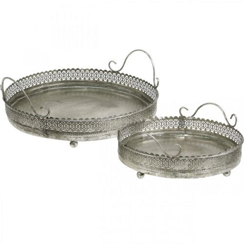 Floristik24 Plateau vintage, plateau déco argent, plateau bougie H6cm Ø31/24cm lot de 2