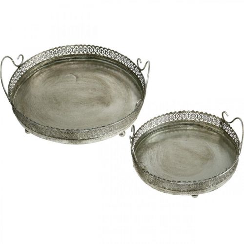 Floristik24 Plateau vintage, plateau déco argent, plateau bougie H6cm Ø31/24cm lot de 2