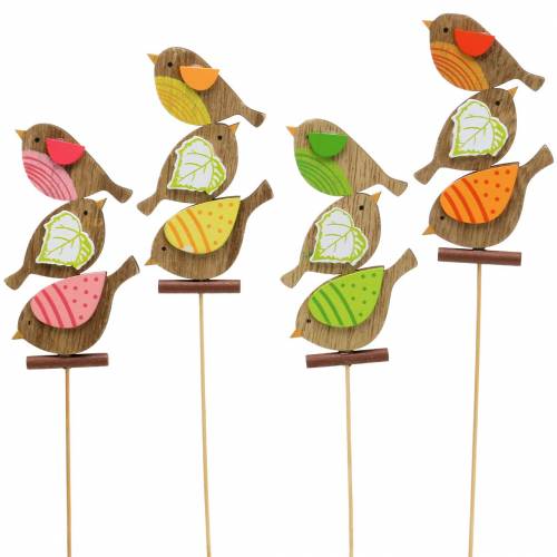 Article Décoration printanière oiseaux avec bâton bois trié H10,5cm 12pcs