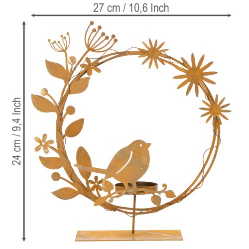 Porte-bougie chauffe-plat décoratif en forme d'oiseau et de fleur, aspect rouille, 24 × 27 × 6 cm | Floristik24.be