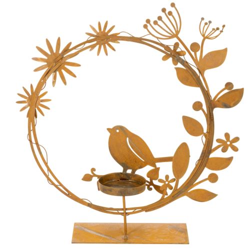 Porte-bougie chauffe-plat décoratif en forme d'oiseau et de fleur, aspect rouille, 24 × 27 × 6 cm | Floristik24.be