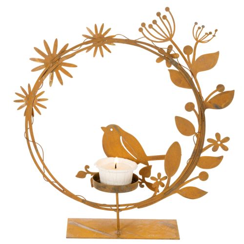Porte-bougie chauffe-plat décoratif en forme d'oiseau et de fleur, aspect rouille, 24 × 27 × 6 cm | Floristik24.be
